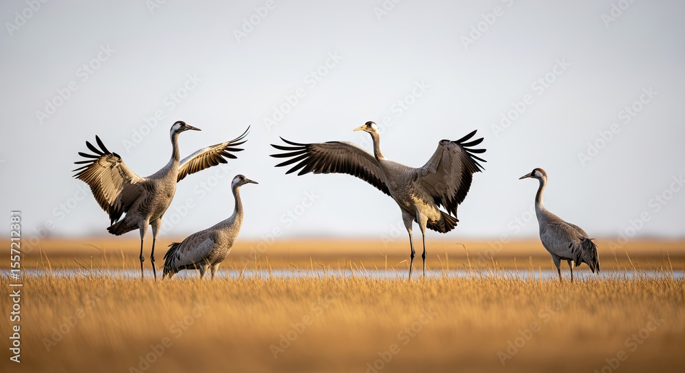 Fototapeta premium Graceful Cranes Displaying Wings in a Serene Wetland Habitat