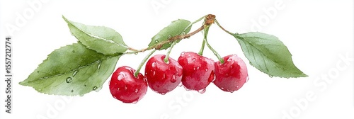 Richly hued cherries dangling with morning dew, nature's ruby gems; Midsummer feasts, Slavic Kupala Night, enchanted fruit reverie