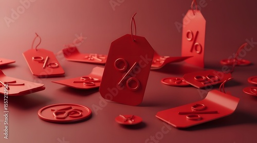 Sale tags scattered on a red background create an enticing atmosphere for discount shopping opportunities