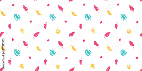 Colorful Leaves Pattern: A vibrant repeating pattern of stylized leaves, rendered in a cheerful and lively palette of pink, teal, and gold, bringing a touch of natural elegance to any design.