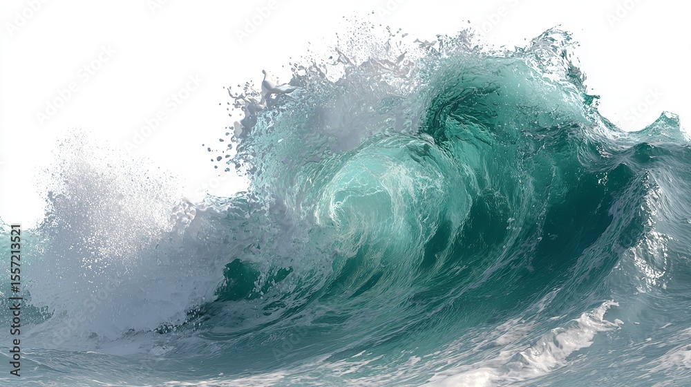Fototapeta premium Dynamic ocean wave with foaming crests and turquoise water isolated on a isolated background illustrating power and natural beauty