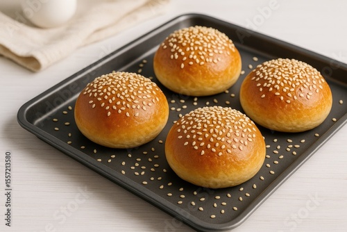 Freshly baked buns topped with sesame seeds on a baking sheet