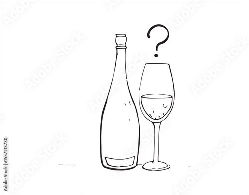 Illustration of a bottle of champagne or wine next to a wine glass, featuring a question mark on a plain white background

