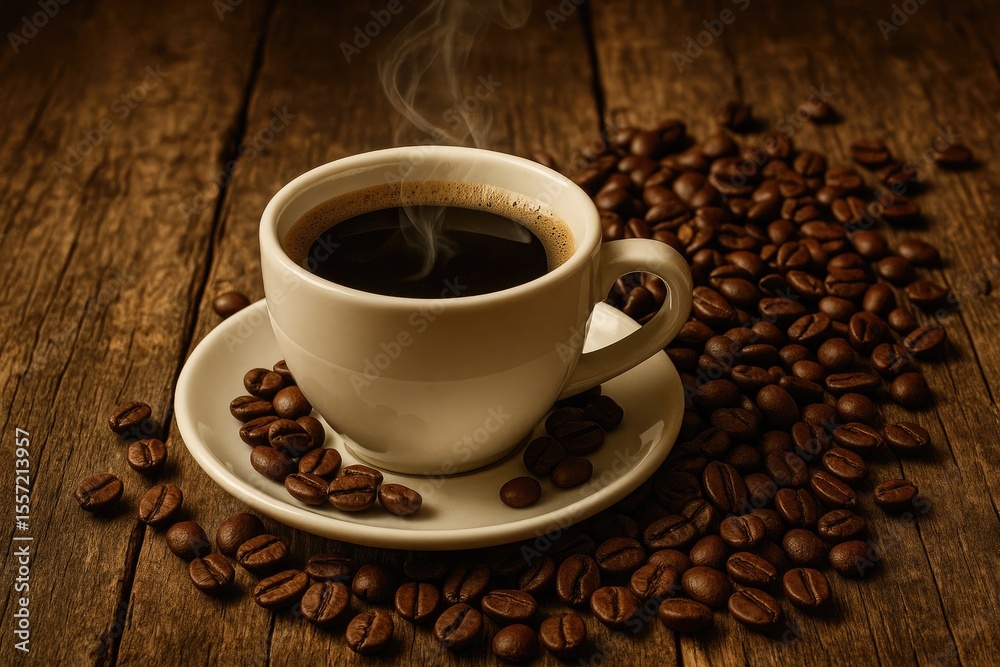 Obraz premium Rustic scene featuring a coffee mug and beans on weathered wooden surface