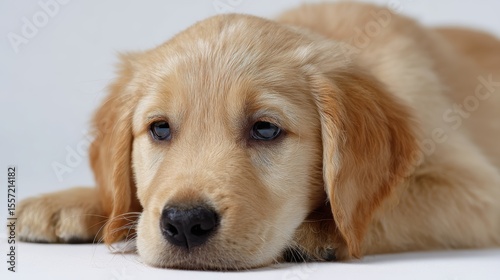 Golden retriever puppy lying down on white background