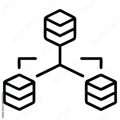 Database distribution network icon with interconnected servers in outline style