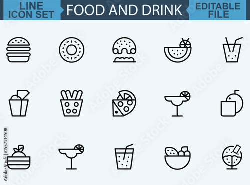 Minimalist food icons, black and white line drawings, café and bakery items, croissant, potted plant, milk bottle, drink cup, bowl, cocktail glass, hot dog, coffee cup, baguette, to-go cup, mug 
