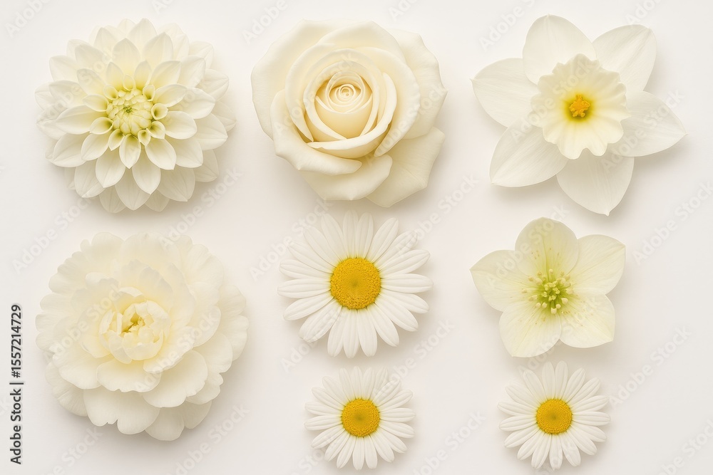 Obraz premium Assortment of elegant white blossoms including dahlias, roses, chamomile, daffodils, peonies, daisies, and hellebores arranged on a plain white surface. Stunning floral arrangement captured from