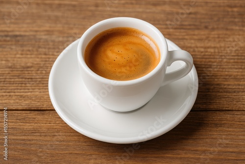 A steaming espresso served in a cup on a rustic wooden surface