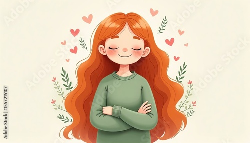 Cute animated woman with long red hair smiling with eyes closed. Happy girl full of affection, love, and serenity feelings for greeting card