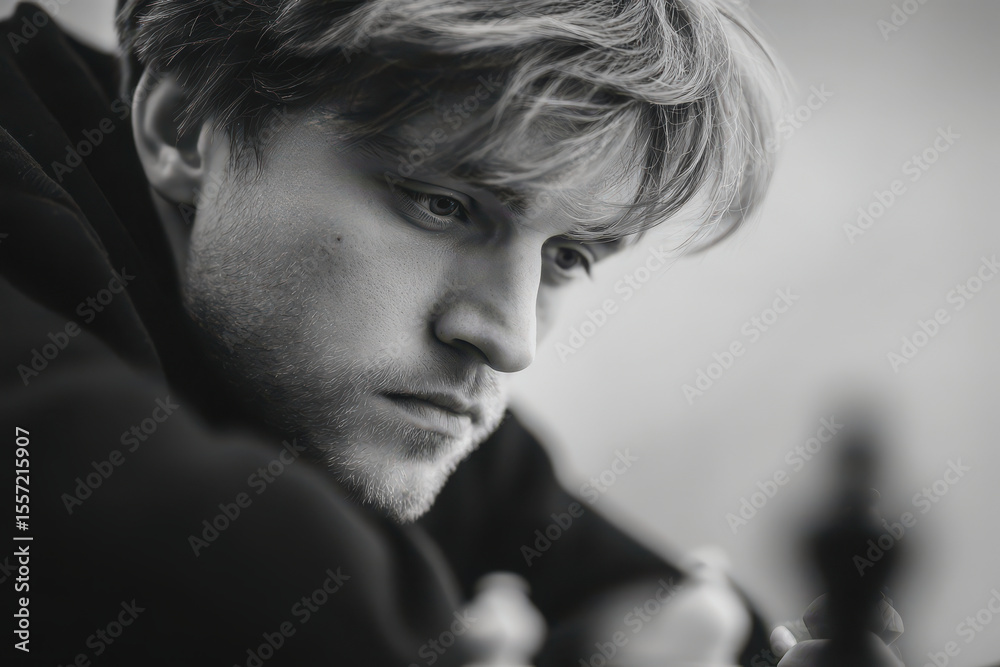 Obraz premium dynamic portrait of chess player deep in thought with contemplative expression on their face