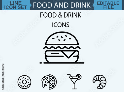 Minimalist food icons, black and white line drawings, café and bakery items, croissant, potted plant, milk bottle, drink cup, bowl, cocktail glass, hot dog, coffee cup, baguette, to-go cup, mug 