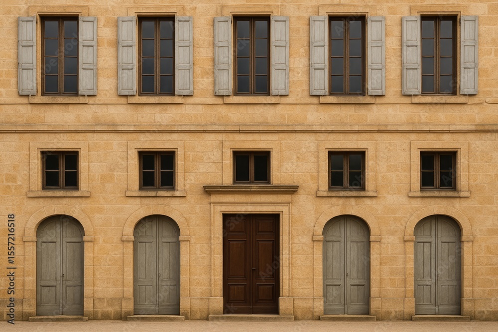Fototapeta premium Facade of a historic European structure featuring antique windows and entryways
