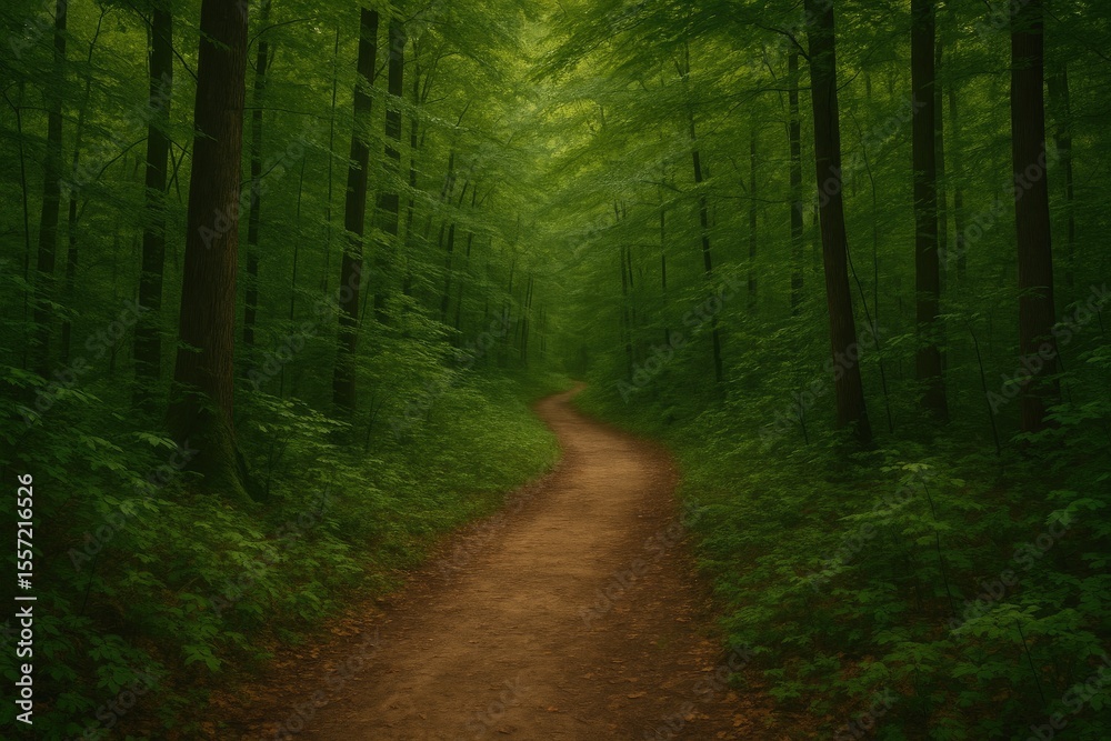 Fototapeta premium Serene woodland trail disappearing into lush greenery