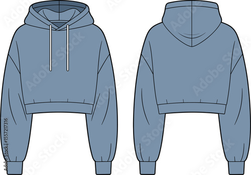 Trendy oversized cropped hoodie flat sketch, featuring a drawstring hood, ideal blank vector template for modern casual and streetwear fashion apparel designs.