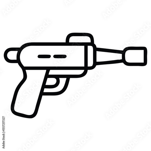 Futuristic ray gun icon with handle in outlined style space weapon