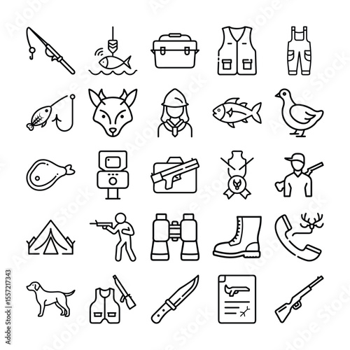 Hunting and Fishing Icons Essential Gear and Wildlife in a Line Art Style