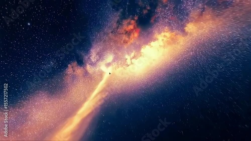 A spacecraft navigates through a colorful nebula filled with stars