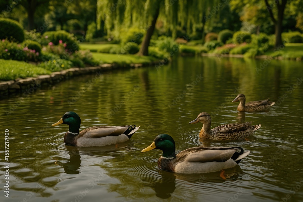 Obraz premium Wildlife sanctuary featuring ducks in a pond and lush garden setting