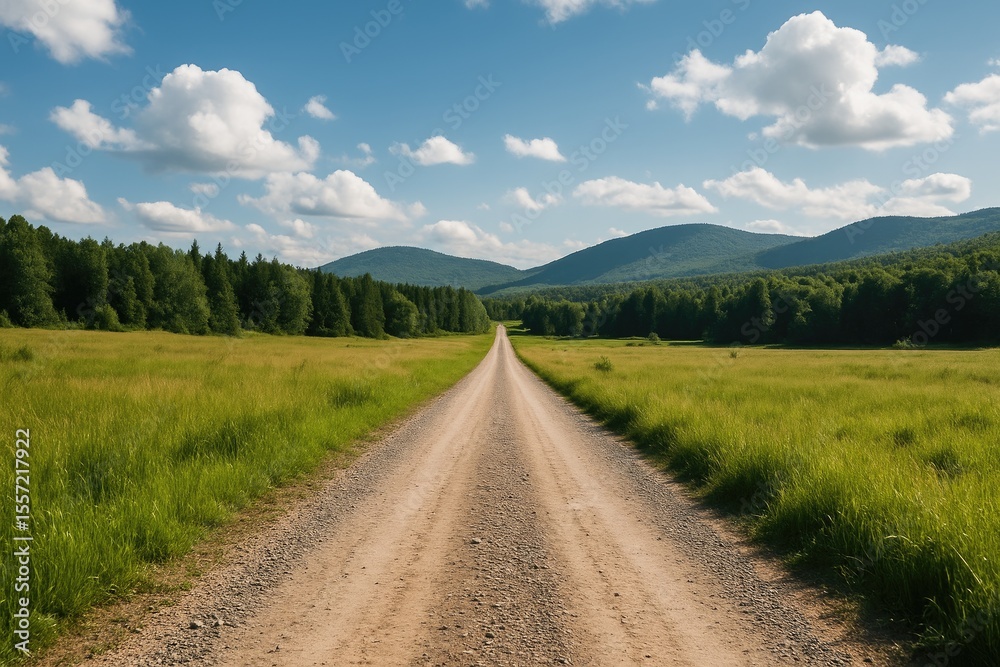 Fototapeta premium Rustic dirt path winding through rural fields and lush greenery for off-road adventure.