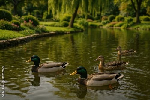 Wildlife sanctuary featuring ducks in a pond and lush garden setting