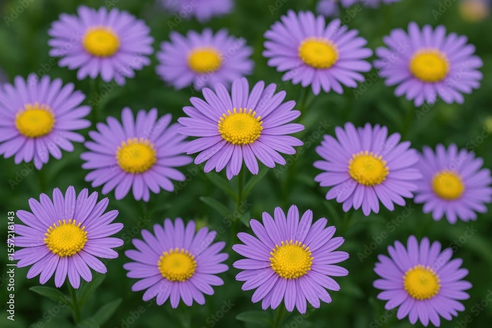 Obraz premium Close-up of vibrant purple Michaelmas daisies in a garden setting with sunny yellow centers