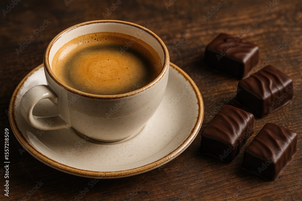Fototapeta premium A traditional cup of espresso paired with plant-based chocolates