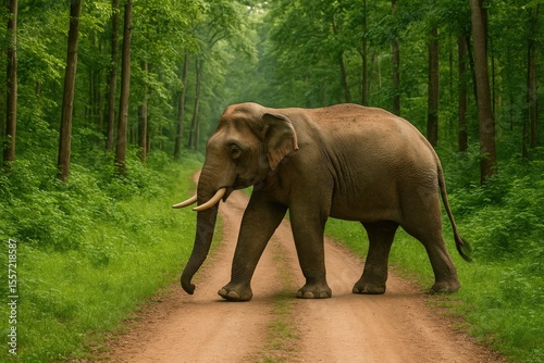 Wildlife sanctuary scene featuring an elephant crossing a forest road
