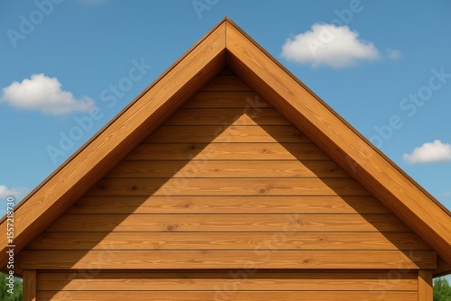 A wooden home's pediment detail captured on a warm summer day