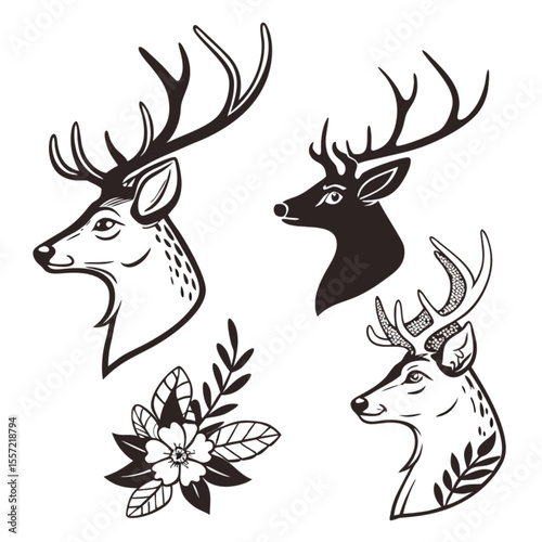 Vector silhouette illustration of a wild deer with prominent antlers, ideal for animal or Christmas designs