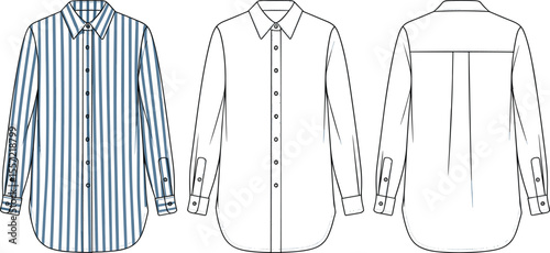 Classic men's long sleeve button-up shirt technical flat sketch, featuring a crisp striped pattern, ideal blank vector template for smart casual apparel designs.