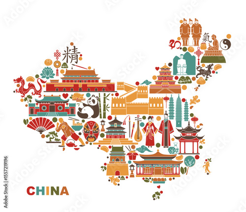 Colorful vector map of China filled with traditional symbols, architecture, animals, and cultural icons. Perfect for travel designs, education, souvenirs, posters, and editorial projects.
