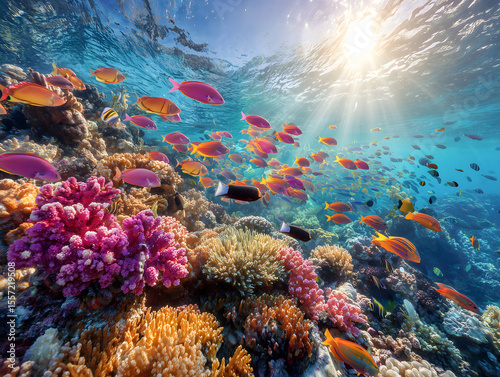 Fototapeta Naklejka Na Ścianę i Meble -  色鮮やかな熱帯魚とサンゴ礁が広がる南国の美しい海中世界