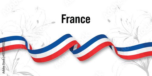france flag ribbon with elegant floral background – french national colors – patriotic theme – red, white and blue decorative banner