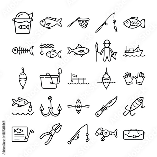Collection of Fishing Equipment and Related Items in a Line Art Style