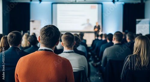 Audience Attending Presentation with Person Speaking on Stage in Auditorium