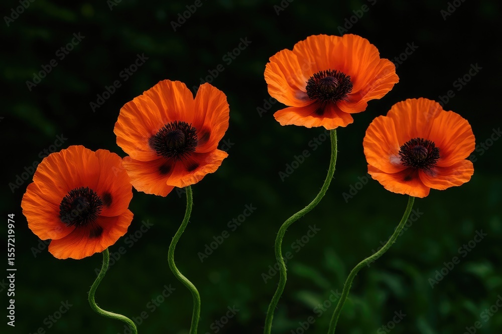 Obraz premium Four vivid burnt orange poppies in full bloom in a secluded garden with lush green foliage and winding stems