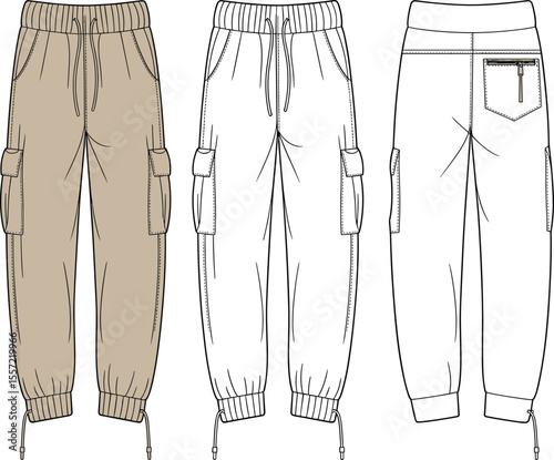  Stylish cargo joggers technical flat sketch in beige, featuring multiple pockets, ideal blank vector template for casual streetwear and outdoor apparel designs.
