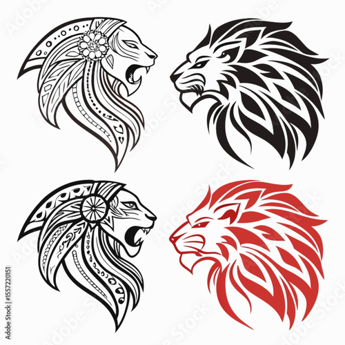 lion and tribal animal head tattoo design vector illustration set