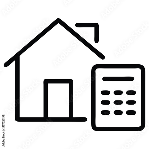 Home and calculator outline icon for finance or mortgage illustration