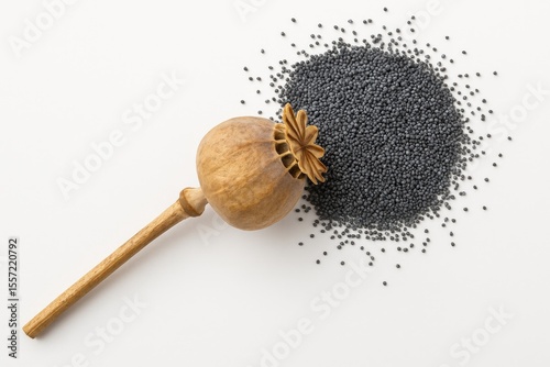 Dry poppy flower head and seeds seen from above on a white backdrop