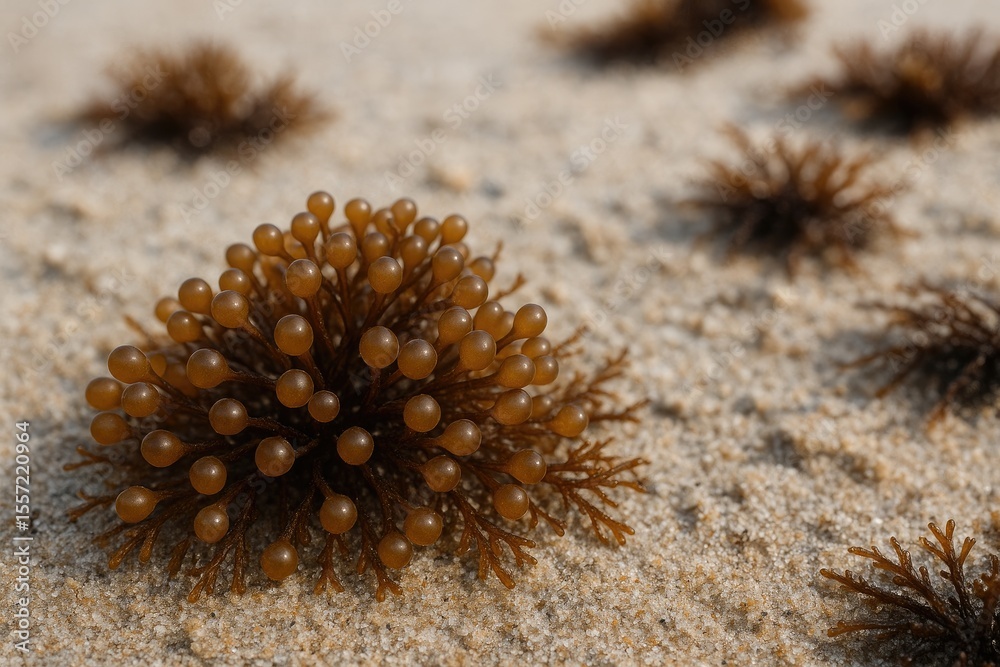 Fototapeta premium Detailed view of marine algae uncovered during low tide at the shoreline