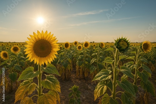 A vast field of tall sunflowers showing early signs of drought, with some blossoms fully open and others just beginning to bloom.