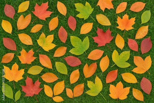 Vibrant fall foliage scattered across the lawn