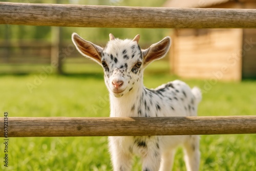 Adorable young goat with spots inside a pen enclosed by a fence on a rural farm