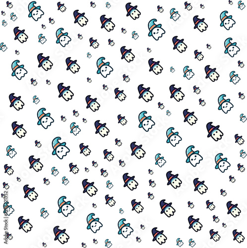 Cute cartoon ghosts wearing witch hats scattered on white background