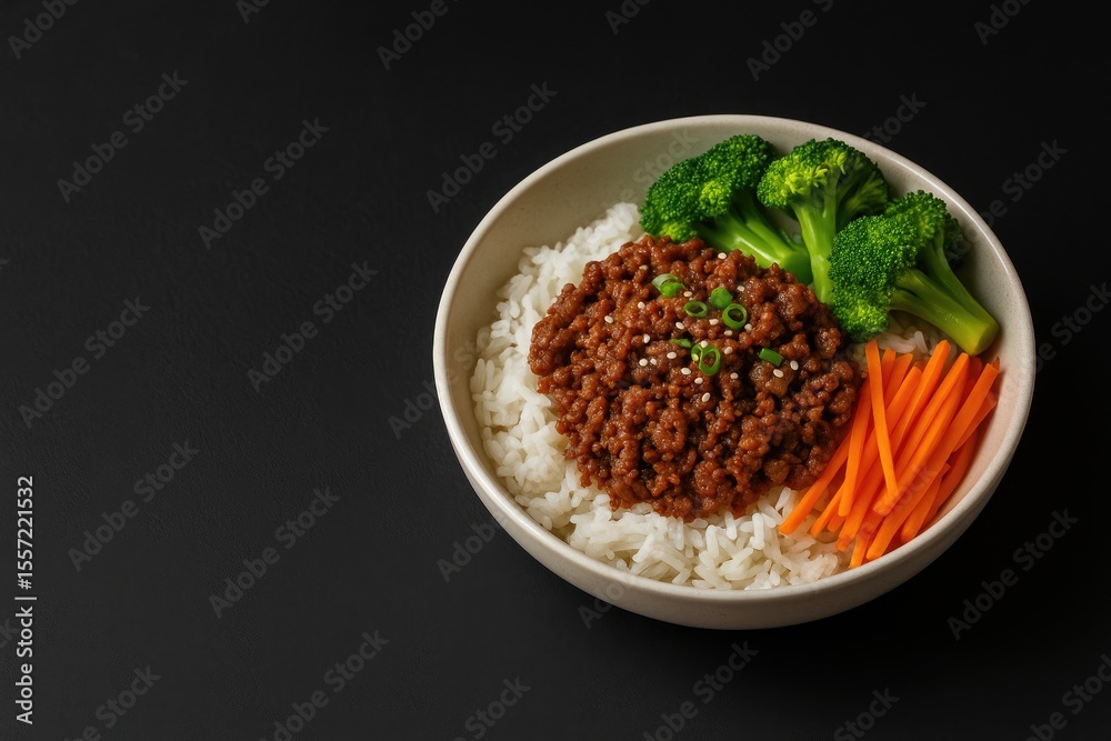Delicious Korean-style ground beef served in a bowl with a dark backdrop and ample space for text Delicious Korean-style ground beef served in a bowl with a dark backdrop and ample space for text