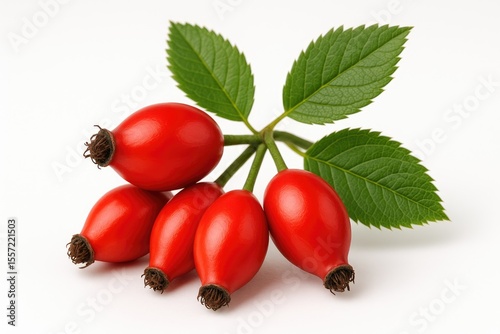 Herbal medicinal plant featuring Dog Rose and Rosehips, showcasing Rosa canina hips on a white background