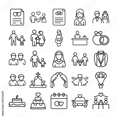 Collection of Wedding and Family Related Icons in Black and White Outline Style