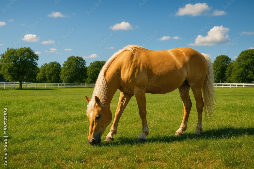 A stunning countryside scene featuring a golden horse peacefully grazing under a bright summer sky with clear blue weather A stunning countryside scene featuring a golden horse peacefully grazing under a bright summer sky with clear blue weather